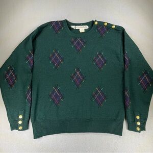 Vintage Jh Collectible 100% Pure Wool Sweater Green Plaid Argyle